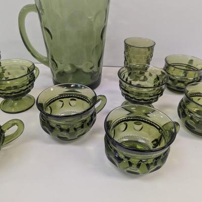 Hazel Atlas Green Coin Dot Water Pitcher & Glasses