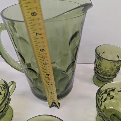Hazel Atlas Green Coin Dot Water Pitcher & Glasses