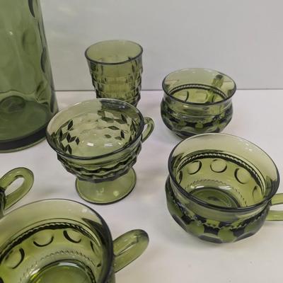 Hazel Atlas Green Coin Dot Water Pitcher & Glasses