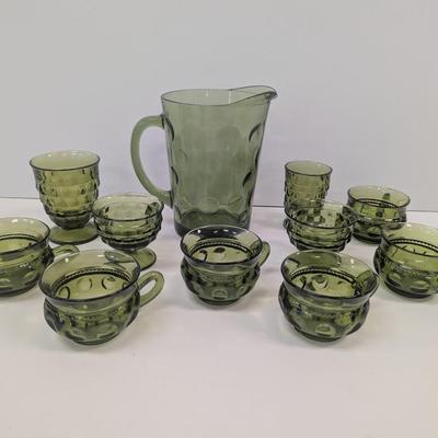 Hazel Atlas Green Coin Dot Water Pitcher & Glasses