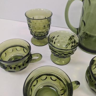 Hazel Atlas Green Coin Dot Water Pitcher & Glasses