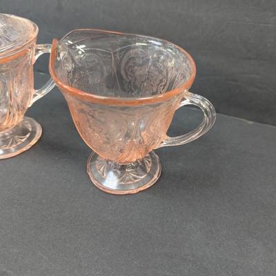 Royal Lace Hazel Atlas Pink Footed Sugar Bowl With Lid & Creamer