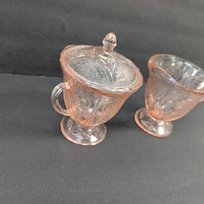 Royal Lace Hazel Atlas Pink Footed Sugar Bowl With Lid & Creamer