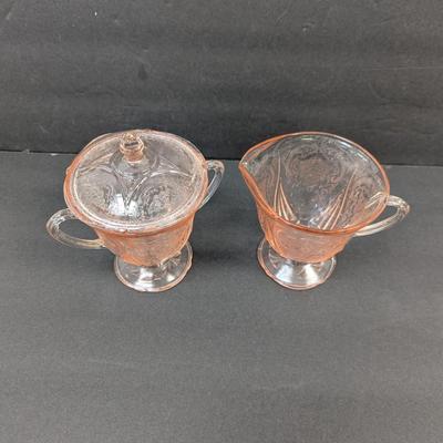 Royal Lace Hazel Atlas Pink Footed Sugar Bowl With Lid & Creamer