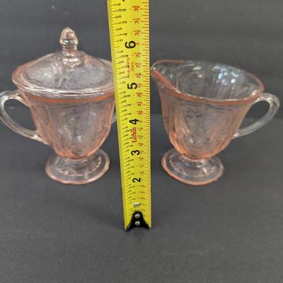 Royal Lace Hazel Atlas Pink Footed Sugar Bowl With Lid & Creamer
