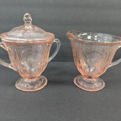 Royal Lace Hazel Atlas Pink Footed Sugar Bowl With Lid & Creamer