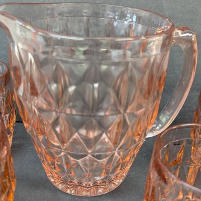 Tiara Jeanette Windsor Diamond Pink Depression Glass Pitcher With 6 Glasses