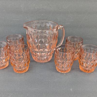 Tiara Jeanette Windsor Diamond Pink Depression Glass Pitcher With 6 Glasses