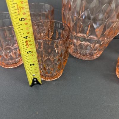 Tiara Jeanette Windsor Diamond Pink Depression Glass Pitcher With 6 Glasses