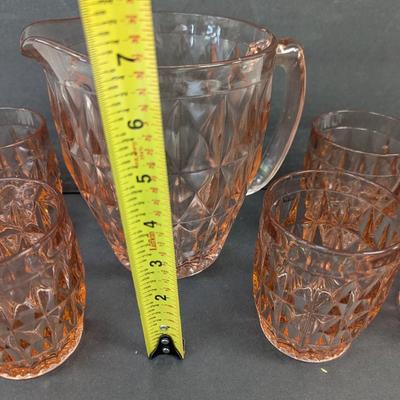 Tiara Jeanette Windsor Diamond Pink Depression Glass Pitcher With 6 Glasses