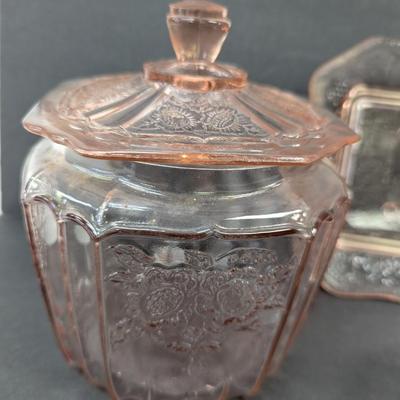 Anchor Hocking Mayfair Open Rose Pink Depression Glass Biscuit Jar Federal Glass Covered Dish Tiara Indiana Glass Platter #44