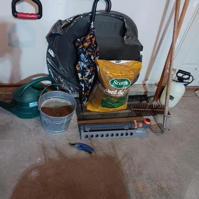 UNOPENED BAG OF FERTILIZER, YARD TOOLS, WINDSHIELD SUN SHADE AND MORE