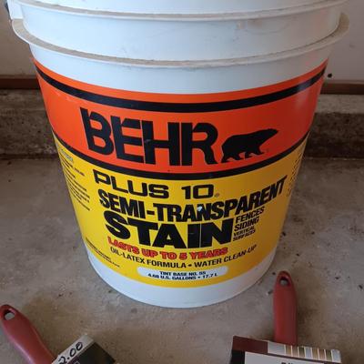 NEW 5 GALLON BUCKET OF BEHR SEMI-TRANSPARENT STAIN AND 2 BRUSHES