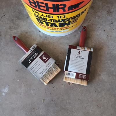 NEW 5 GALLON BUCKET OF BEHR SEMI-TRANSPARENT STAIN AND 2 BRUSHES
