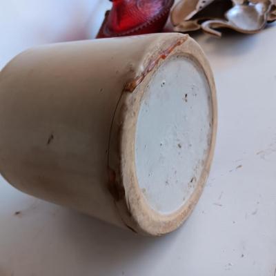 CLAY JUG, INTERNATIONAL HARVESTER MATCH HOLDER AND AN OLD TIN