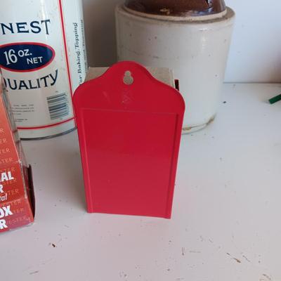 CLAY JUG, INTERNATIONAL HARVESTER MATCH HOLDER AND AN OLD TIN
