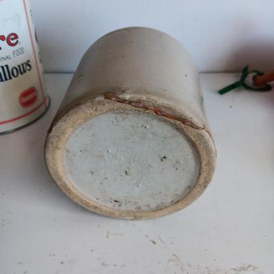 CLAY JUG, INTERNATIONAL HARVESTER MATCH HOLDER AND AN OLD TIN