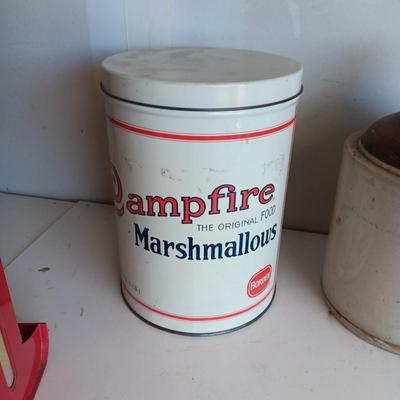 CLAY JUG, INTERNATIONAL HARVESTER MATCH HOLDER AND AN OLD TIN