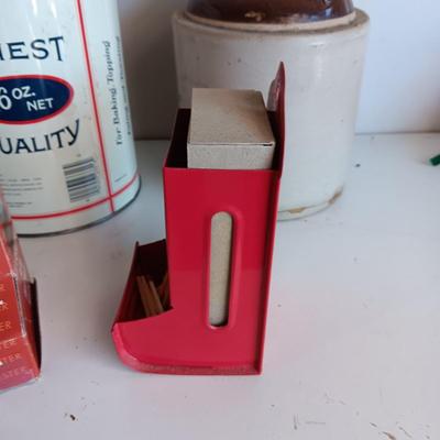CLAY JUG, INTERNATIONAL HARVESTER MATCH HOLDER AND AN OLD TIN