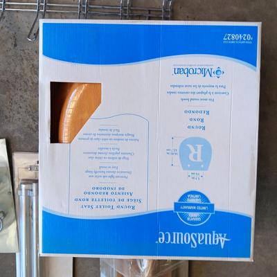 NEW CURTAIN RODS, NEW OAK BATHROOM TOWEL BARS AND TOILET SEAT & LAUNDRY BASKET