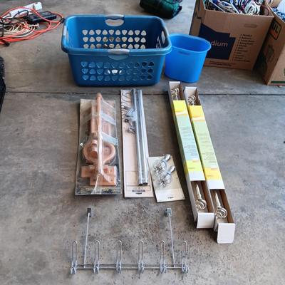 NEW CURTAIN RODS, NEW OAK BATHROOM TOWEL BARS AND TOILET SEAT & LAUNDRY BASKET
