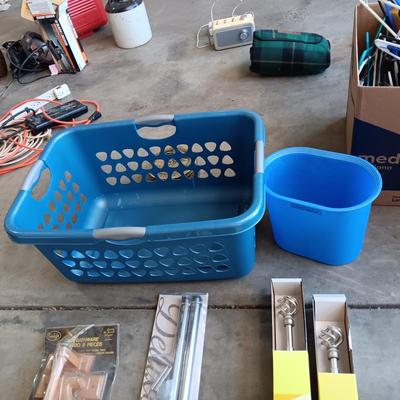 NEW CURTAIN RODS, NEW OAK BATHROOM TOWEL BARS AND TOILET SEAT & LAUNDRY BASKET