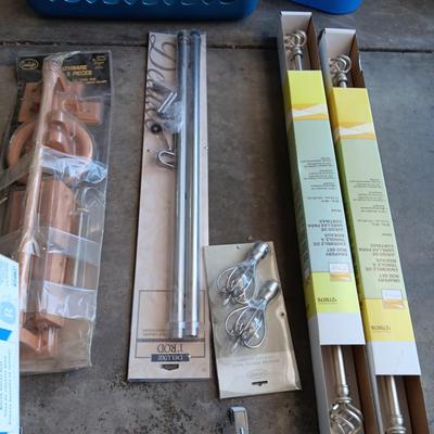 NEW CURTAIN RODS, NEW OAK BATHROOM TOWEL BARS AND TOILET SEAT & LAUNDRY BASKET