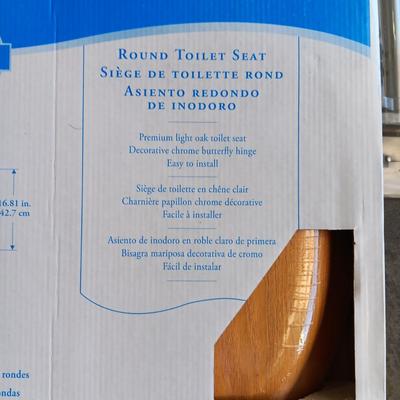 NEW CURTAIN RODS, NEW OAK BATHROOM TOWEL BARS AND TOILET SEAT & LAUNDRY BASKET