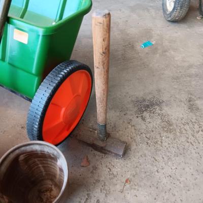 SCOTTS SPREADER, WEED SPRAYER, ARMY FOLDING SHOVEL, GAS CAN AND SLEDGE HAMMER