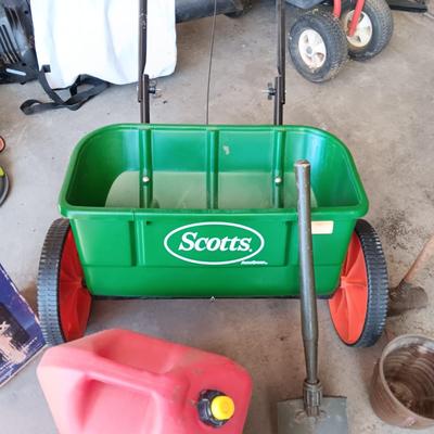 SCOTTS SPREADER, WEED SPRAYER, ARMY FOLDING SHOVEL, GAS CAN AND SLEDGE HAMMER