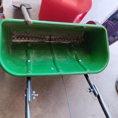 SCOTTS SPREADER, WEED SPRAYER, ARMY FOLDING SHOVEL, GAS CAN AND SLEDGE HAMMER