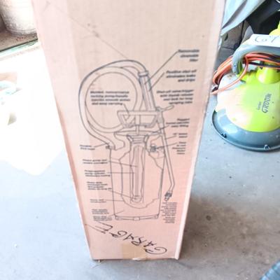 SCOTTS SPREADER, WEED SPRAYER, ARMY FOLDING SHOVEL, GAS CAN AND SLEDGE HAMMER