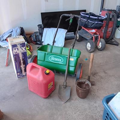 SCOTTS SPREADER, WEED SPRAYER, ARMY FOLDING SHOVEL, GAS CAN AND SLEDGE HAMMER