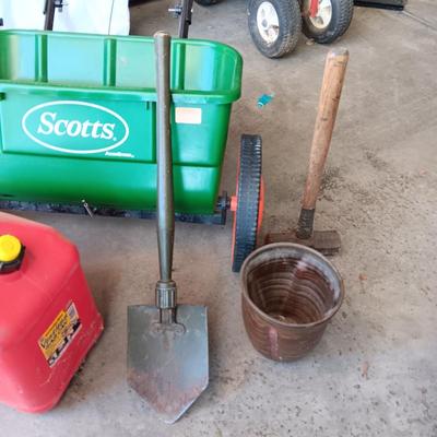 SCOTTS SPREADER, WEED SPRAYER, ARMY FOLDING SHOVEL, GAS CAN AND SLEDGE HAMMER
