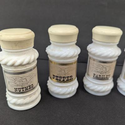 Vintage Set Of 8 Milk Glass Spice Jars