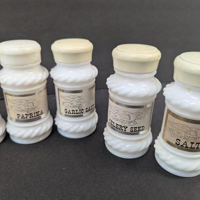 Vintage Set Of 8 Milk Glass Spice Jars