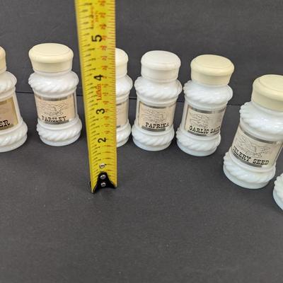 Vintage Set Of 8 Milk Glass Spice Jars