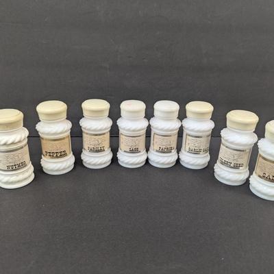Vintage Set Of 8 Milk Glass Spice Jars