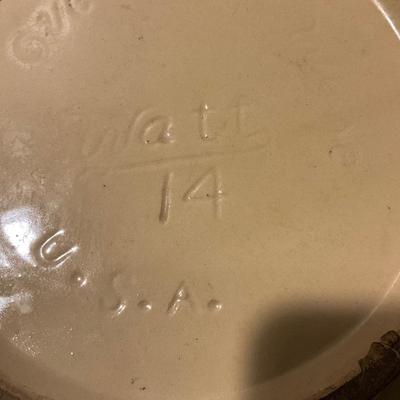 Vintage Watt 14in Yellow ware Pottery with blue/white stripe