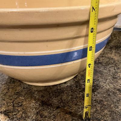 Vintage Watt 14in Yellow ware Pottery with blue/white stripe