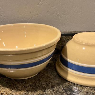 Vintage Pottery OvenWare bowls with blue/white Strips #8, #9
