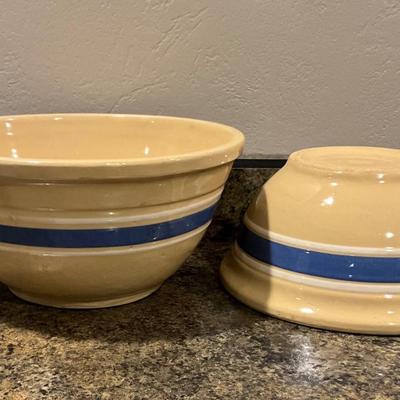 Vintage Pottery OvenWare bowls with blue/white Strips #8, #9