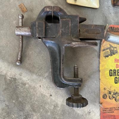 HAND TOOLS, GREASE GUN, SMALL BENCH VISE AND MORE
