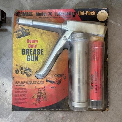 HAND TOOLS, GREASE GUN, SMALL BENCH VISE AND MORE