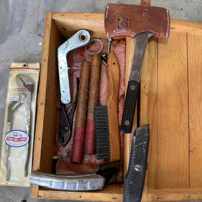 HAND TOOLS, GREASE GUN, SMALL BENCH VISE AND MORE