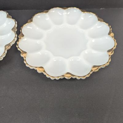Anchor Hocking White Milk Glass Oyster Plates With Gold Trim