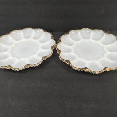 Anchor Hocking White Milk Glass Oyster Plates With Gold Trim