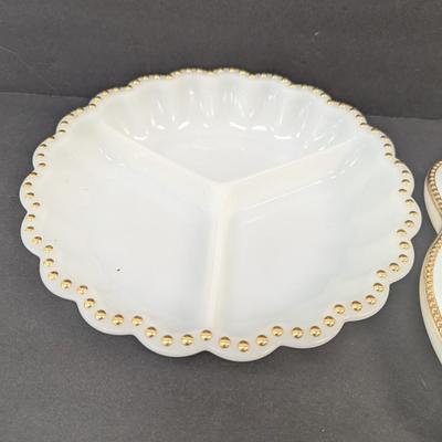 Anchor Hocking Milk Glass Hobnail Trim Divided Serving & Relish Dish
