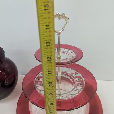 Anchor Hocking Red Pitcher Ruby Cranberry Glasses 3-Tier Tea Cake Server & Chip Bowl Set