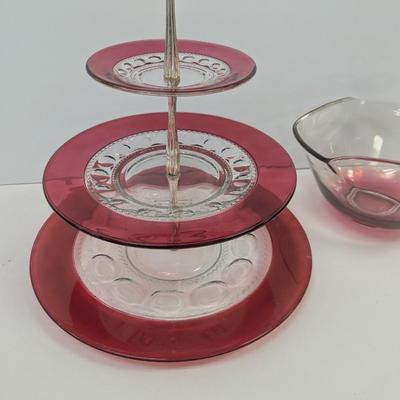 Anchor Hocking Red Pitcher Ruby Cranberry Glasses 3-Tier Tea Cake Server & Chip Bowl Set